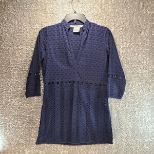 Gretchen Scott Women's Small Cotton Eyelet Tunic Top Mixed Media Blue READ